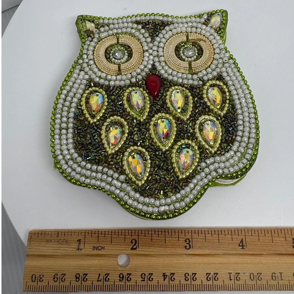 Green Beaded Owl Shaped Notebook Whimsical Iridescent‎ Rhinestone Pearl Journal